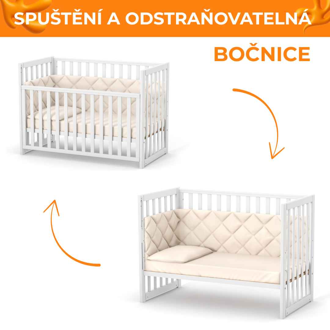 Sada. Dětská postýlka Sleeppo Gekko Kids 120x60 s kvalitní matrací. Bílá